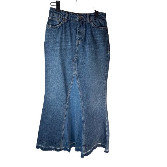 Zara Denim Maxi Skirt XS High Waist Distressed Hem Blue - Picture 9 of 13